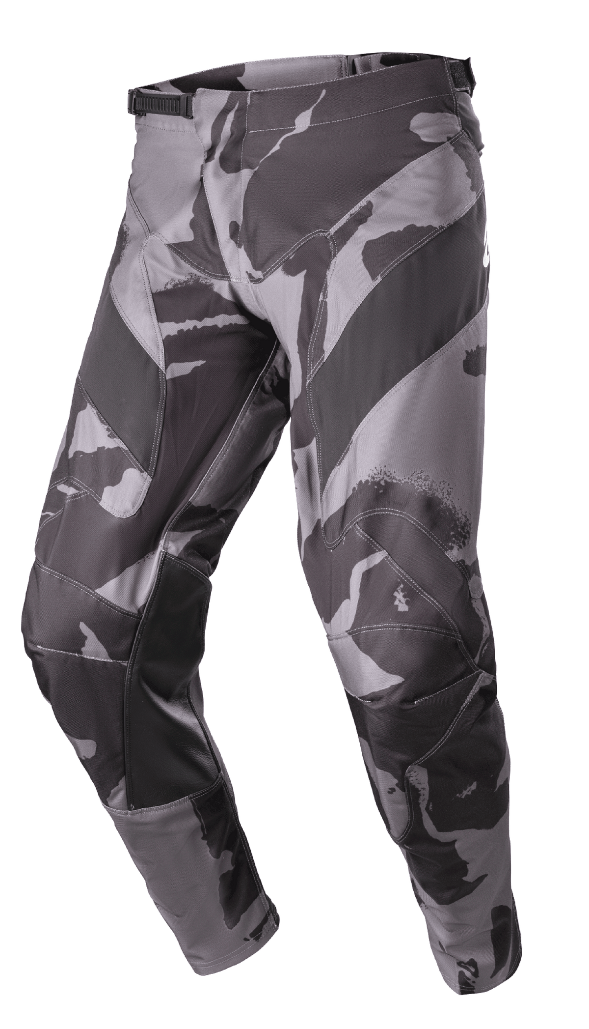Alpinestars Racer Tactical Pants 2023, spodnie motocrossowe terenowe, szaro-czarny kamuflaż Iron Camo, skórzane wzmocnienia po wewnętrznej stronie nogawek, regulacja w pasie na zapadkę, wytrzymała konstrukcja z poliestru 600D