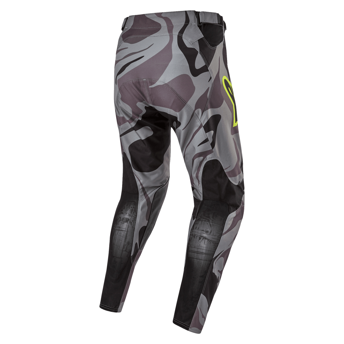 Alpinestars 2024 Racer Tactical Pants, spodnie motocrossowe, Cast Gray Camo Magnet, widok z tyłu prezentujący szary wzór kamuflażu z czarnymi wzmocnionymi panelami, żółty akcent z logo na biodrze, techniczny materiał rip-stop do wyścigów terenowych