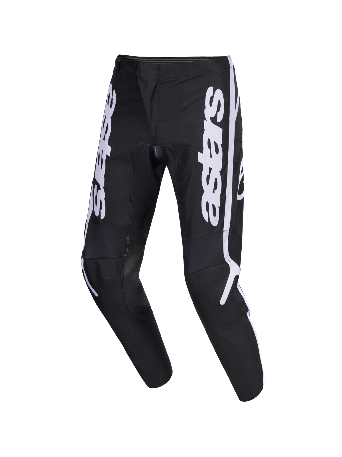 Alpinestars 2026 Fluid Apex Pants, spodnie motocrossowe, czarno-szare, białe pionowe logo astars na nogawkach, ergonomiczny sportowy krój, wytrzymała konstrukcja z poliestru 600D do jazdy terenowej