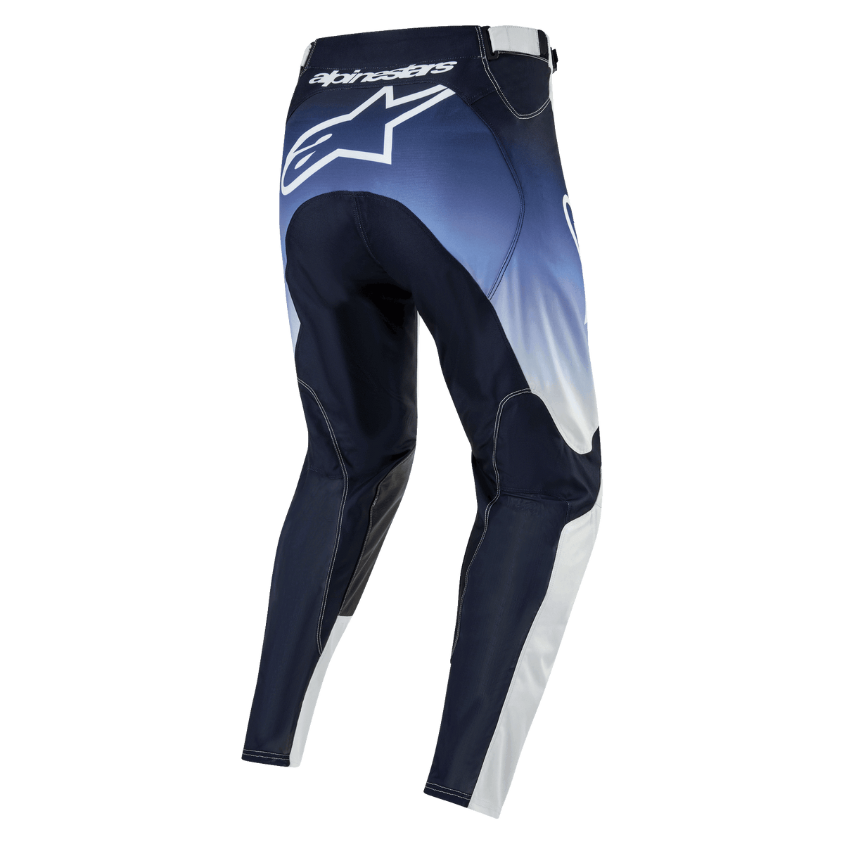 Alpinestars 2024 Racer Hoen Pants, spodnie motocrossowe, widok od tyłu, granatowe i jasnoniebieskie z białymi akcentami, duże białe logo na siedzeniu, sportowy design i ergonomiczna konstrukcja