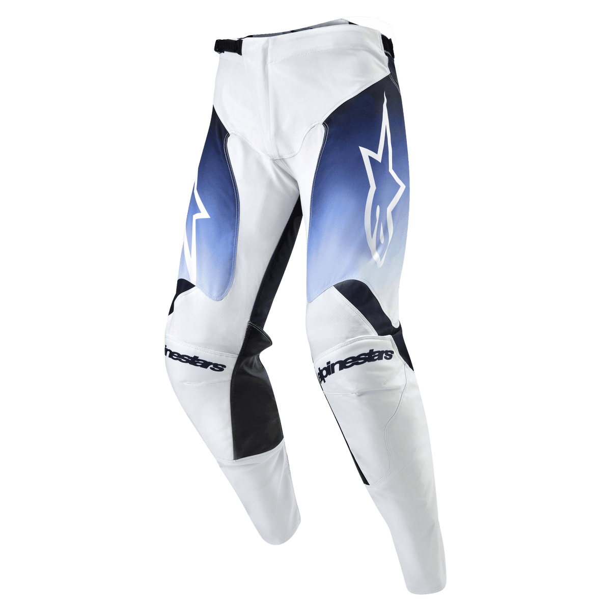 Alpinestars 2024 Racer Hoen Pants, spodnie motocrossowe, białe z ciemnogranatowymi i jasnoniebieskimi akcentami, białe logo gwiazdy na udach, napis Alpinestars na kolanach, sportowy krój