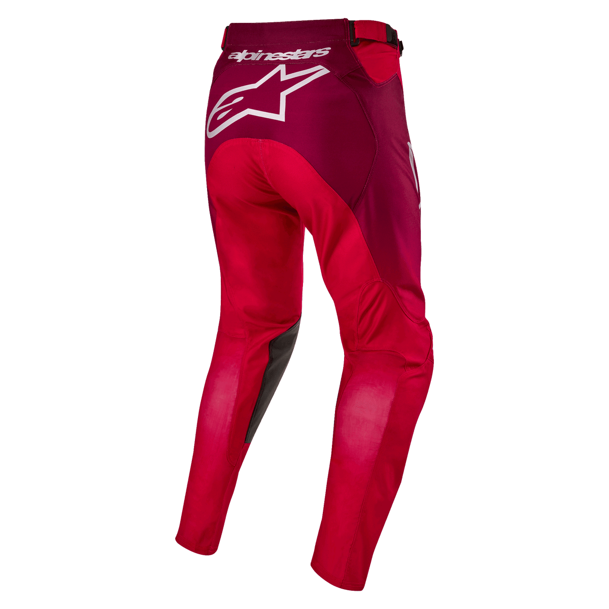 Alpinestars 2024 Racer Hoen Pants, Motocross Pants, Mars Red and Burgundy, rear view showing large white Alpinestars logo on the seat, ergonomic pre-curved leg construction, durable textile material for off-road racing