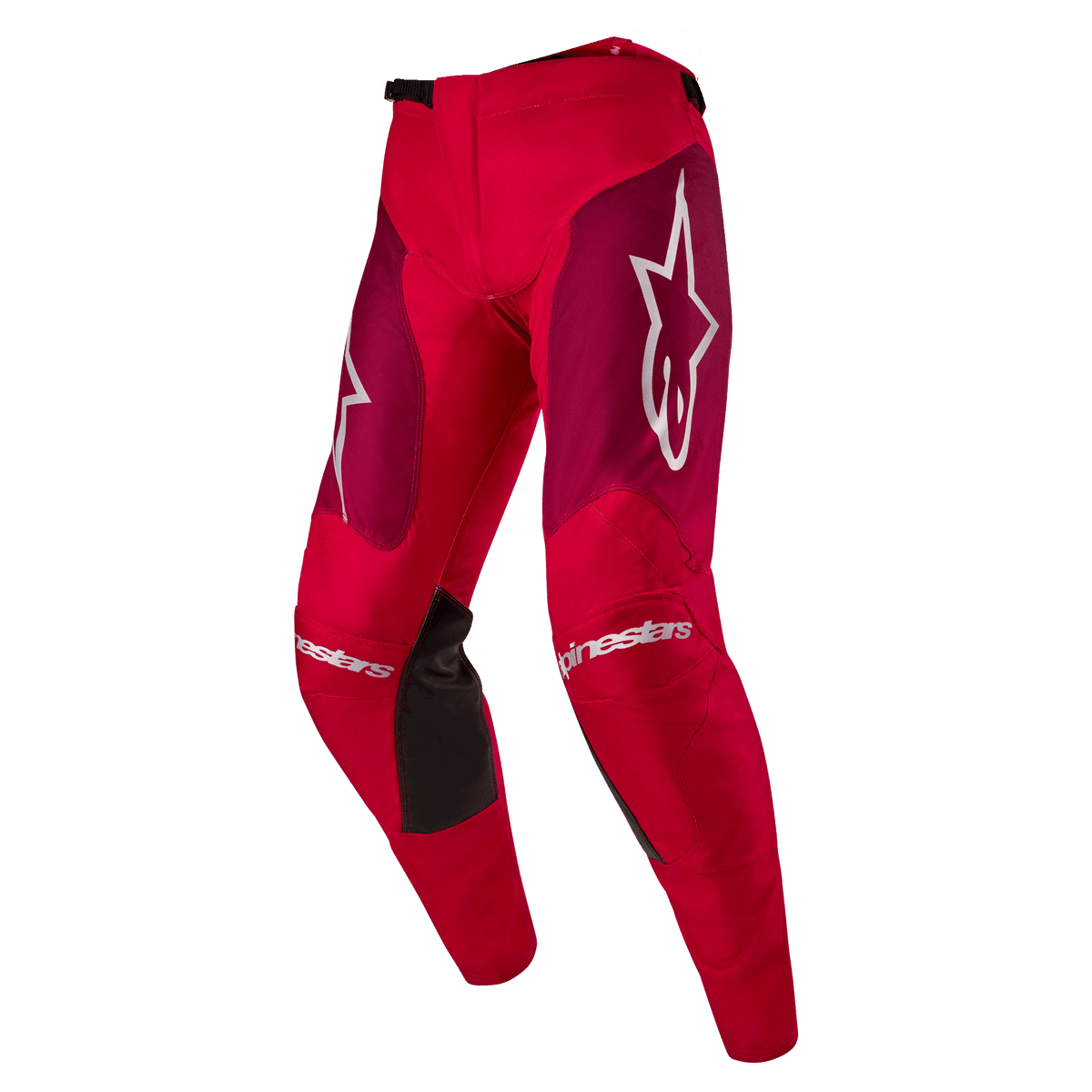 Alpinestars 2024 Racer Hoen Pants, Motocross Pants, Mars Red Burgundy, featuring burgundy thigh panels and white Alpinestars branding on the knees and hips, black inner knee grip panels, sporty pre-curved design for off-road performance