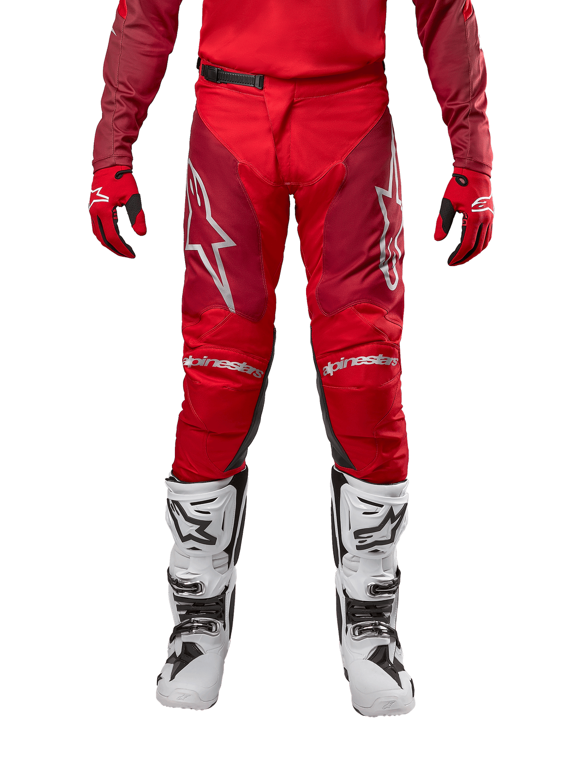 Alpinestars 2024 Racer Hoen Pants, Motocross Pants, Mars Red Burgundy, front view featuring silver Alpinestars logos and knee branding, worn with matching red jersey, red and black gloves, and white off-road boots