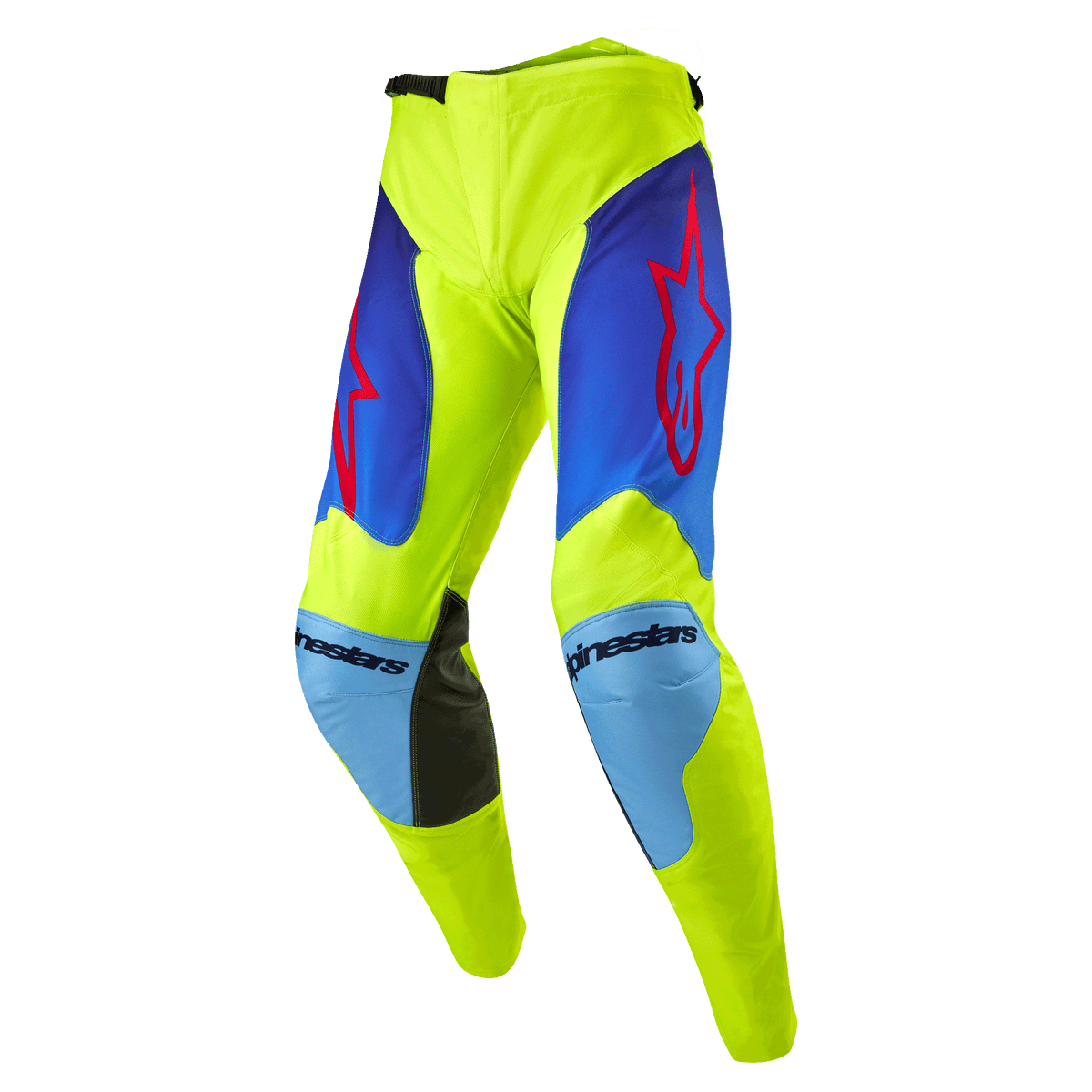 Alpinestars 2024 Racer Hoen Pants, Motocross Pants, Yellow Fluo and Blue Night Navy, featuring red star logos on the thighs, light blue knee panels with black leather inner reinforcements, sporty pre-curved construction for off-road racing