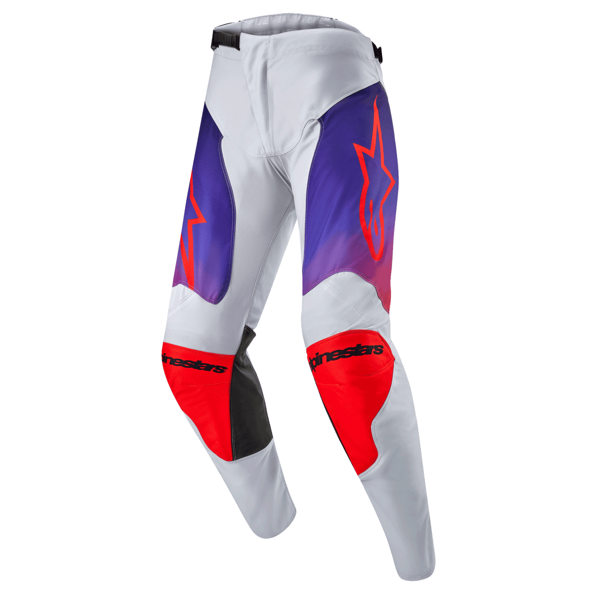 Alpinestars 2024 Racer Hoen Pants, spodnie motocrossowe, jasnoszare z fioletowo-pomarańczowymi gradientami, jaskrawopomarańczowe logo gwiazdy na udach, wzmocnienia na kolanach, czarne akcenty, sportowy krój