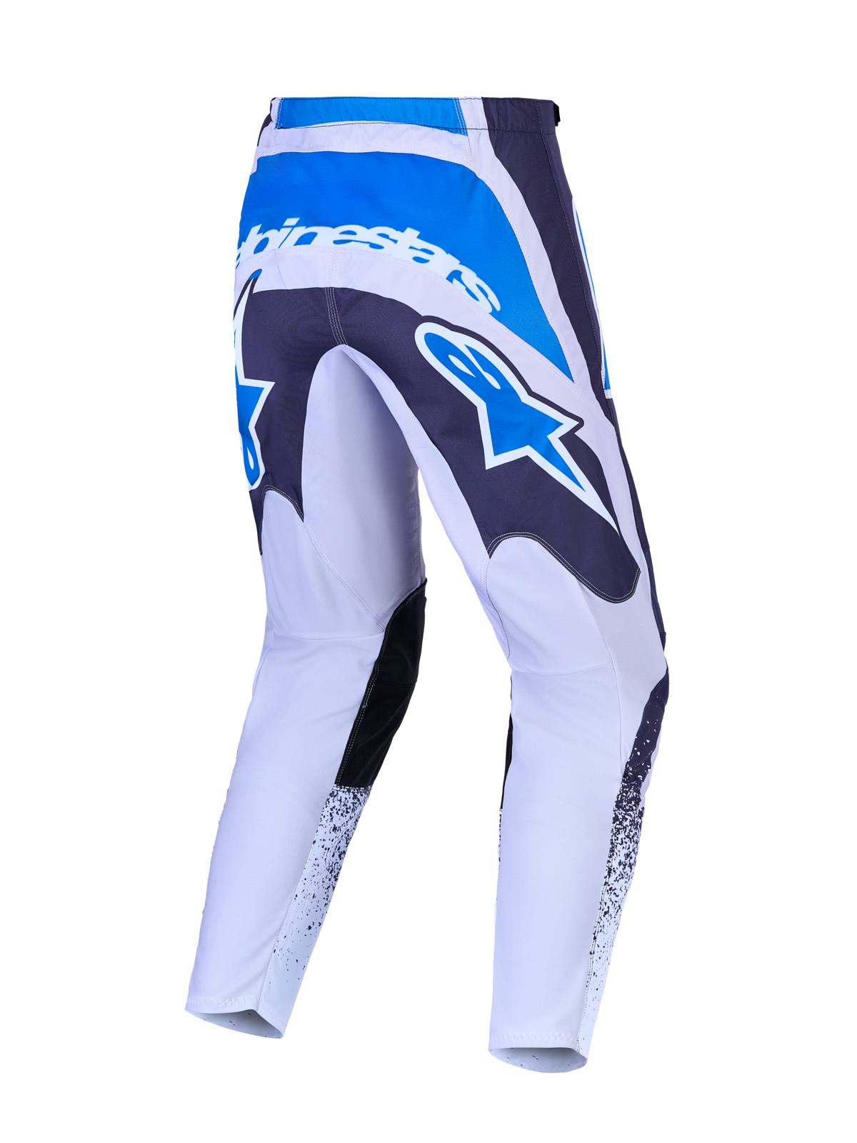 Spodnie Alpinestars Fluid Drag, spodnie motocrossowe, szare i niebieskie, duże logo gwiazdy z tyłu.