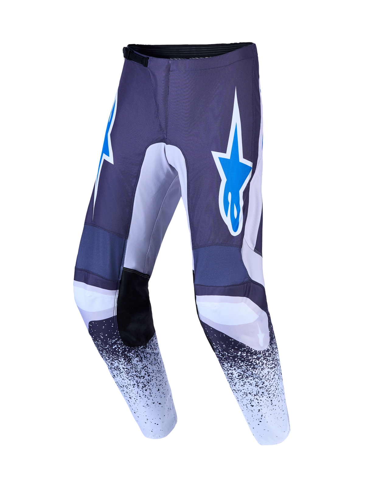 Alpinestars Spodnie Fluid Drag, męskie spodnie motocrossowe, szare i niebieskie, wzmocniony poliester z logo gwiazdy, krój do jazdy off-road.