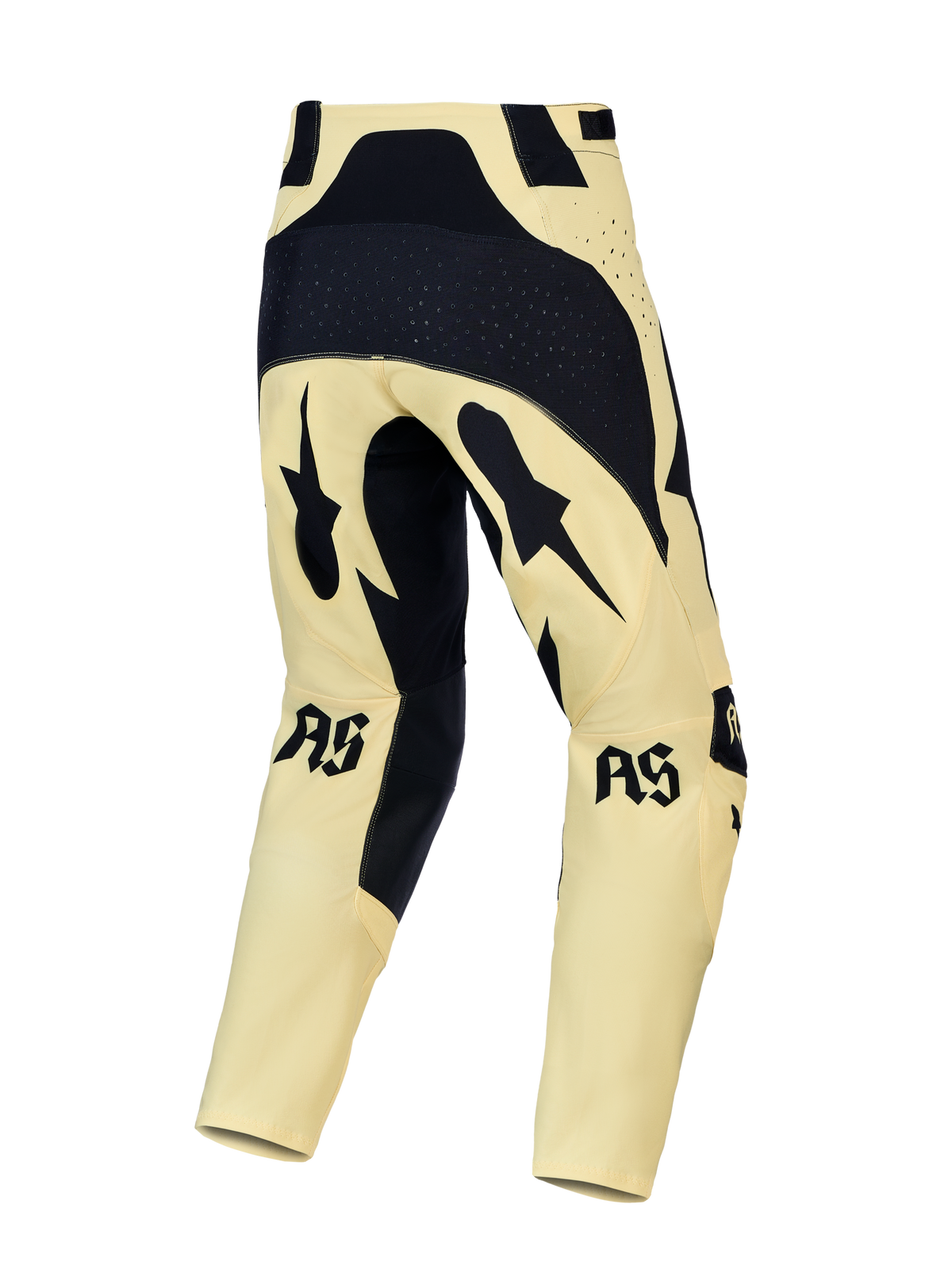Alpinestars Techstar Atrox, żółte i czarne spodnie motocrossowe, widok z tyłu, laserowa perforacja i wzmocnione siedzisko.