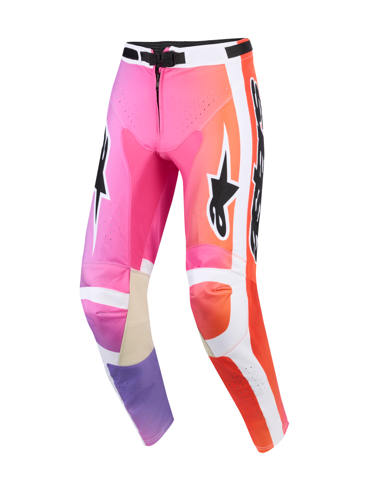 Alpinestars 2026 Racer Air Portl Pants, spodnie motocrossowe, wielokolorowe (różowe, pomarańczowe i fioletowe), białe panele boczne, czarne logo Alpinestars, perforowane strefy wentylacyjne, jasnobrązowe skórzane wzmocnienia po wewnętrznej stronie kolan