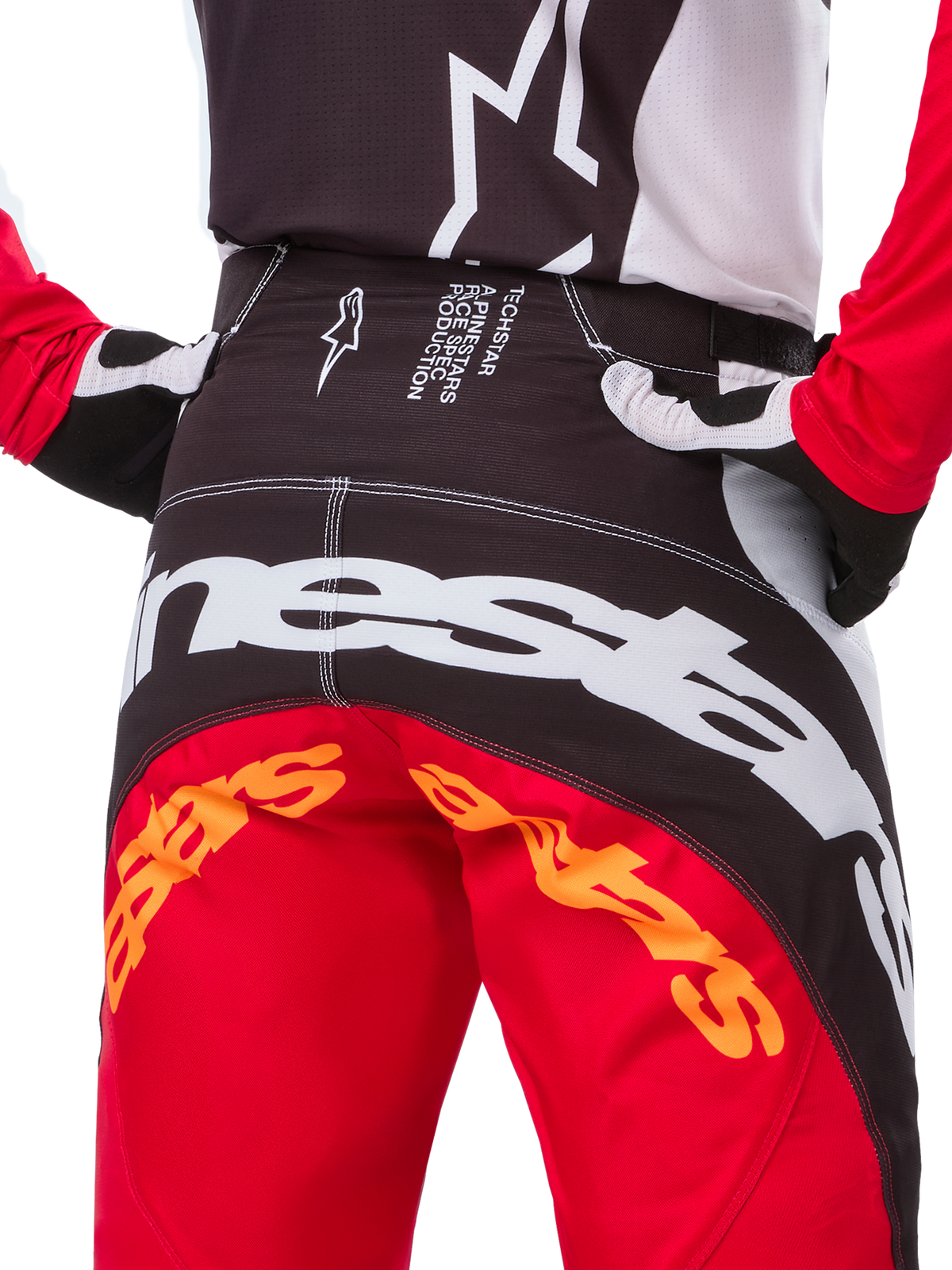 Alpinestars Limited Edition Techstar Deep Pants, Motocross Pants, Black White and High Red, featuring a multi-panel design, reinforced knees, and 4-way stretch panels for off-road performance.