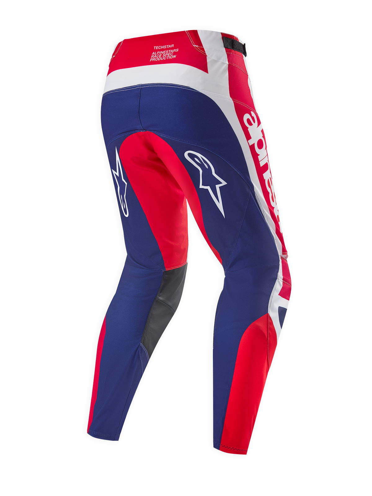 Alpinestars Limited Edition Techstar Fortitude Pants, spodnie motocrossowe, jaskrawoczerwone, białe i niebieskie, widok z tyłu przedstawiający niebieskie panele na siedzeniu i nogawkach z czerwonymi i białymi akcentami, białe logo gwiazdy na udach oraz oznaczenie Techstar race spec w pasie.