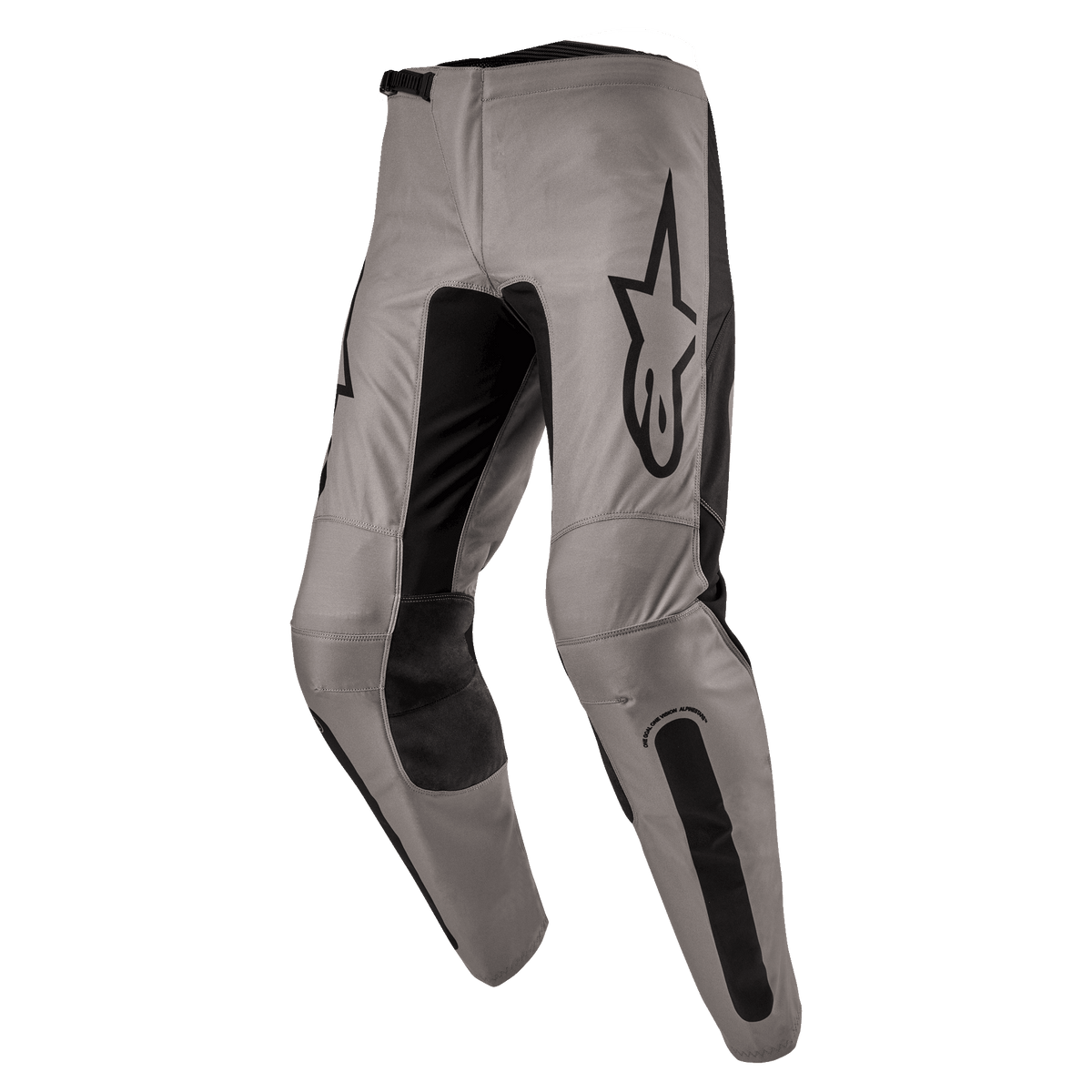 Alpinestars 2024 Fluid Lurv Pants, spodnie motocrossowe, kolor Mud Black, szaro-beżowa konstrukcja z czarnymi elastycznymi panelami na wewnętrznej stronie nogawek i kolanach, czarne logo na udzie, ergonomiczny, wstępnie zakrzywiony krój do jazdy terenowej