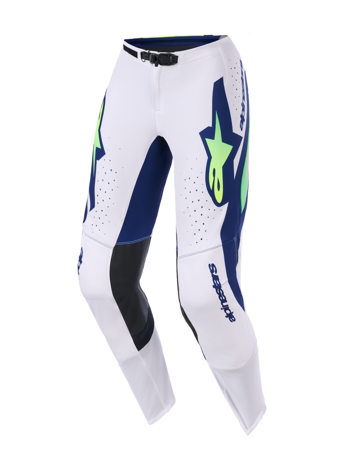 Alpinestars 2026 Supertech Vista Pants, Motocross Pants, Light Gray, Yellow Fluo, and Blue, featuring bold blue and fluorescent yellow logos, laser-cut perforations for ventilation, black leather knee panels, and a secure magnetic waist buckle.