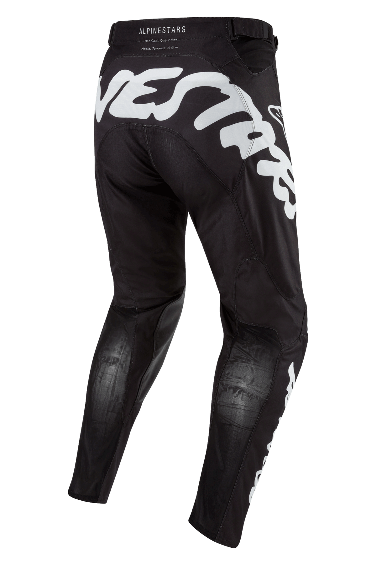 Alpinestars Racer Hana Pants 2024, spodnie motocrossowe, czarno-białe, widok z tyłu, duże białe logo na siedzeniu, panele wentylacyjne na łydkach, ergonomiczny sportowy krój