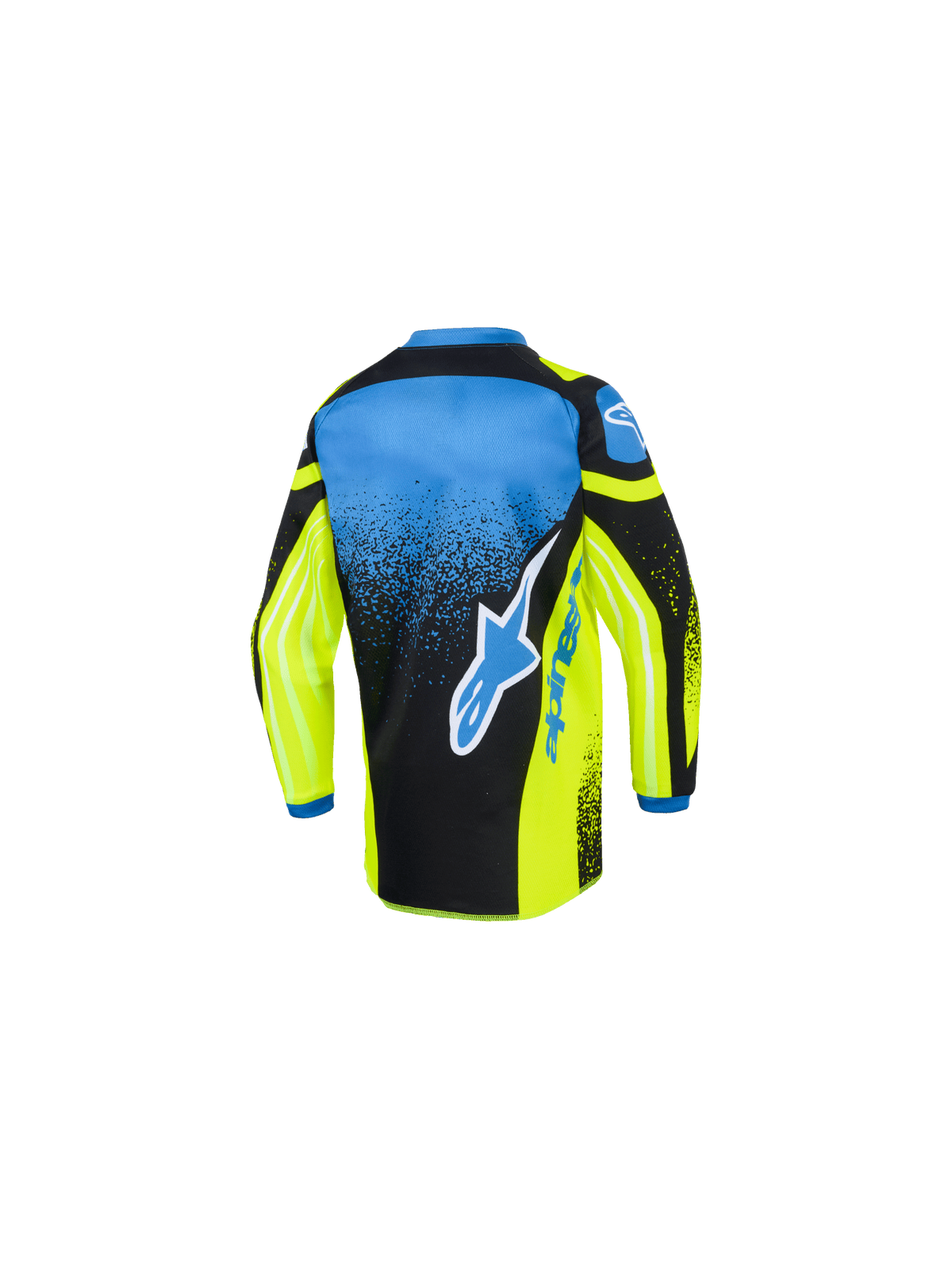 Alpinestars Kids Racer Nomur Jersey 2026, koszulka motocrossowa, żółto-niebiesko-czarna, widok z tyłu przedstawiający duże niebiesko-białe logo gwiazdy, gradientowy nakrapiany wzór i przedłużony tył do wyścigów off-road
