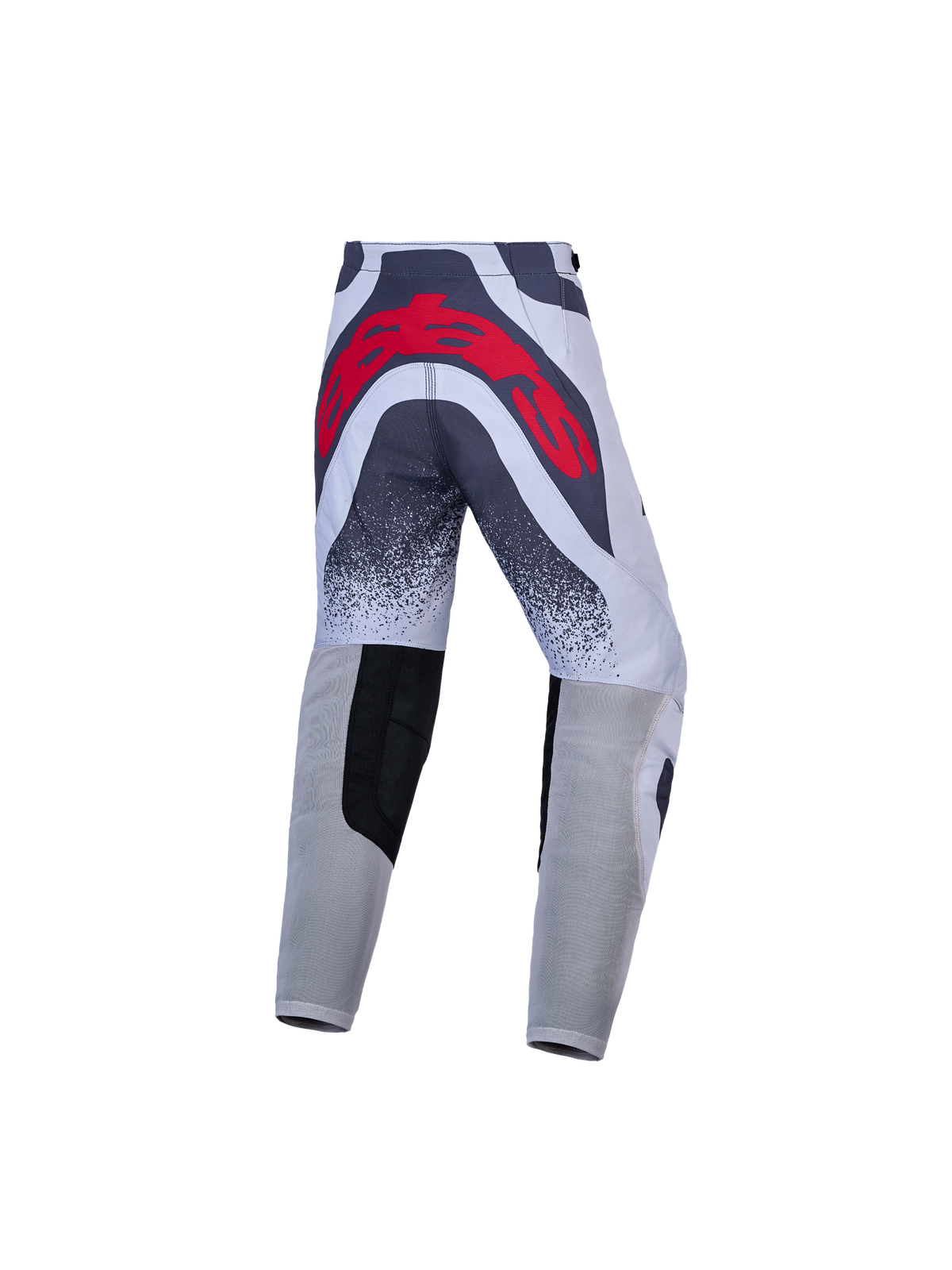 Alpinestars Youth Supertech Swan, młodzieżowe spodnie motocrossowe, szare i czerwone, wyścigowy krój z dużym logo z tyłu.