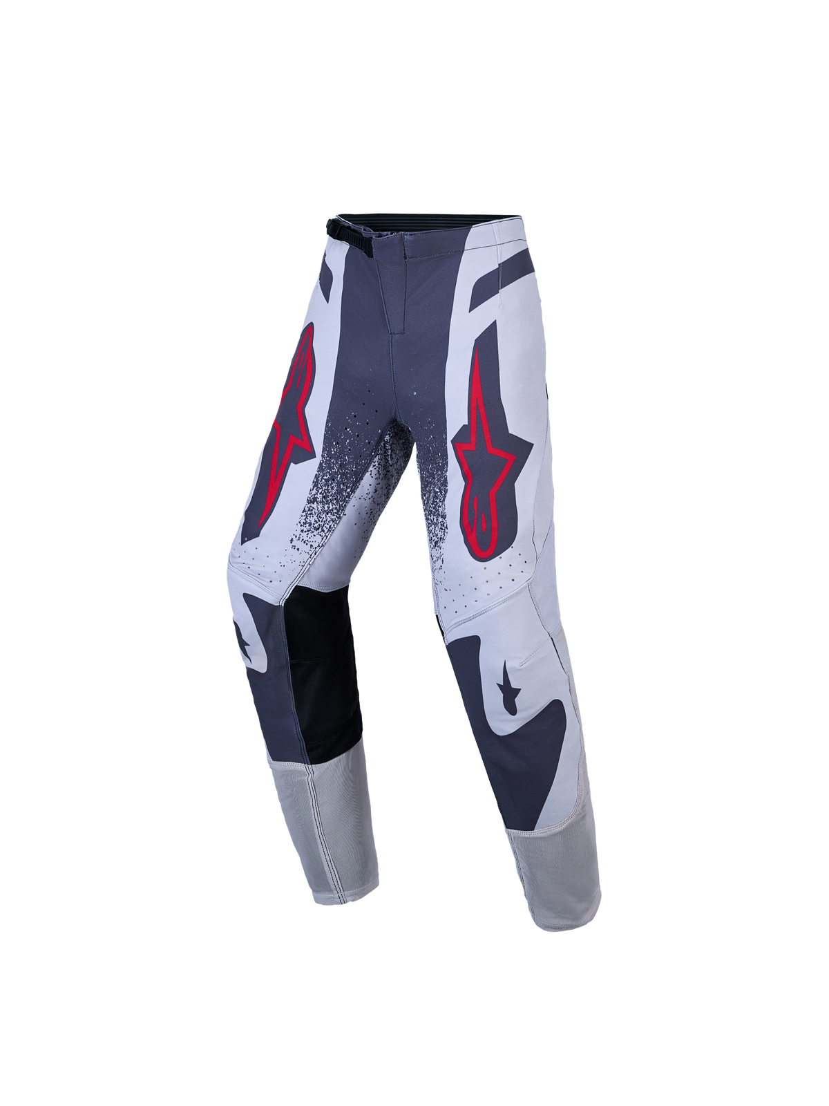 Młodzieżowe spodnie Alpinestars Supertech Swan, szare i białe, czerwone logo, motocrossowe, materiał stretch rip-stop.