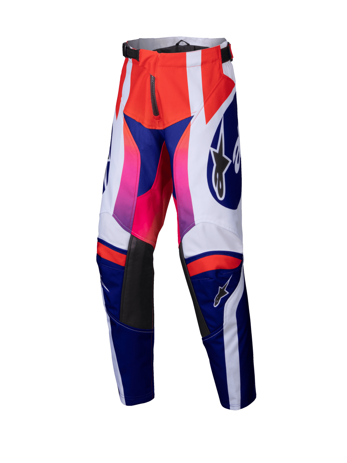 Alpinestars Youth Racer Wurx Pants 2025, młodzieżowe spodnie motocrossowe, czerwone, niebieskie, różowe i białe, odważny geometryczny wzór z gradientami od różu do czerwieni, czarne skórzane panele na kolanach, regulowany pas, wytrzymała konstrukcja tekstylna.