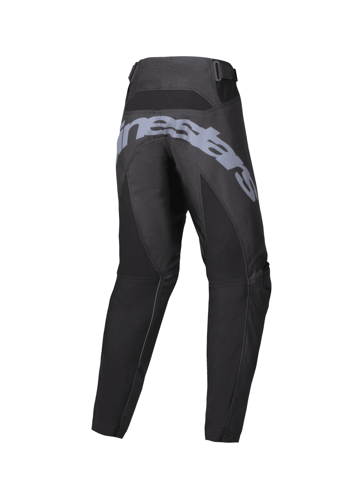 Alpinestars Youth Racer Graphite Pants 2025, spodnie motocrossowe, czarno-szare, widok z tyłu z dużym szarym napisem na siedzeniu, ergonomiczna wstępnie zakrzywiona konstrukcja i regulowane paski w talii do jazdy terenowej