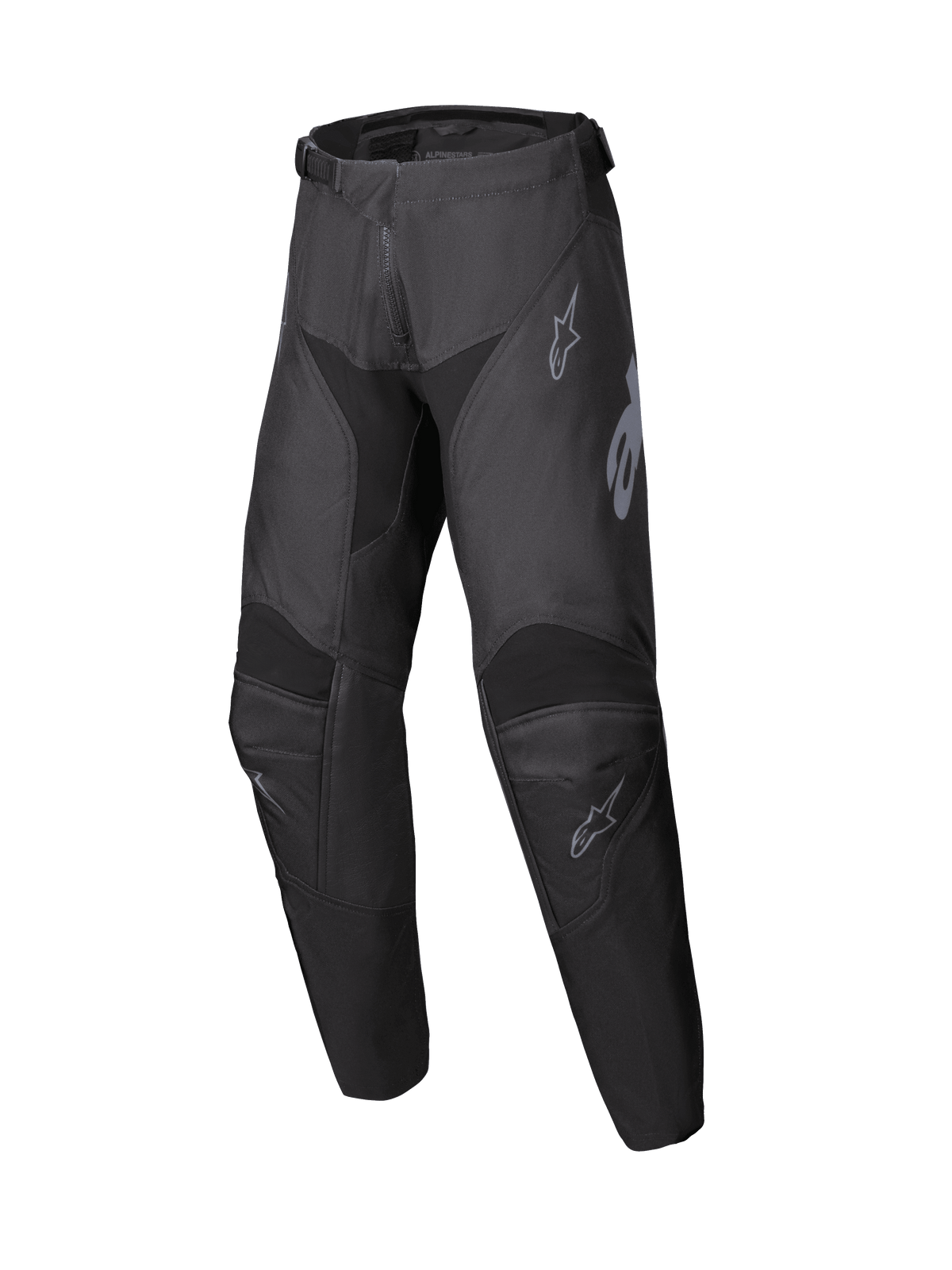 Alpinestars Youth Racer Graphite Pants 2025, młodzieżowe spodnie motocrossowe, czarne i szare, wzmocnione obszary kolan, subtelne szare logo, trwała ergonomiczna konstrukcja