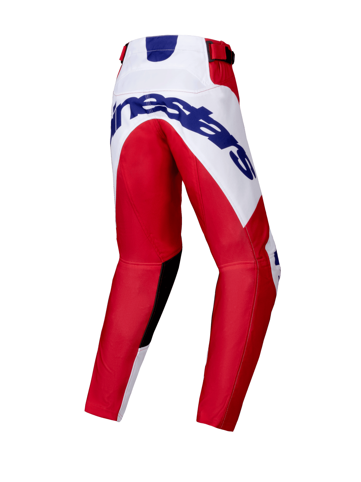 Alpinestars Youth Racer Veil Pants 2025, spodnie motocrossowe młodzieżowe, jaskrawoczerwone i białe, widok z tyłu z dużym niebieskim logo Alpinestars na siedzeniu, wstępnie zakrzywiona konstrukcja nogawek, czarne wewnętrzne panele na kolanach, zapięcie zapadkowe w pasie.