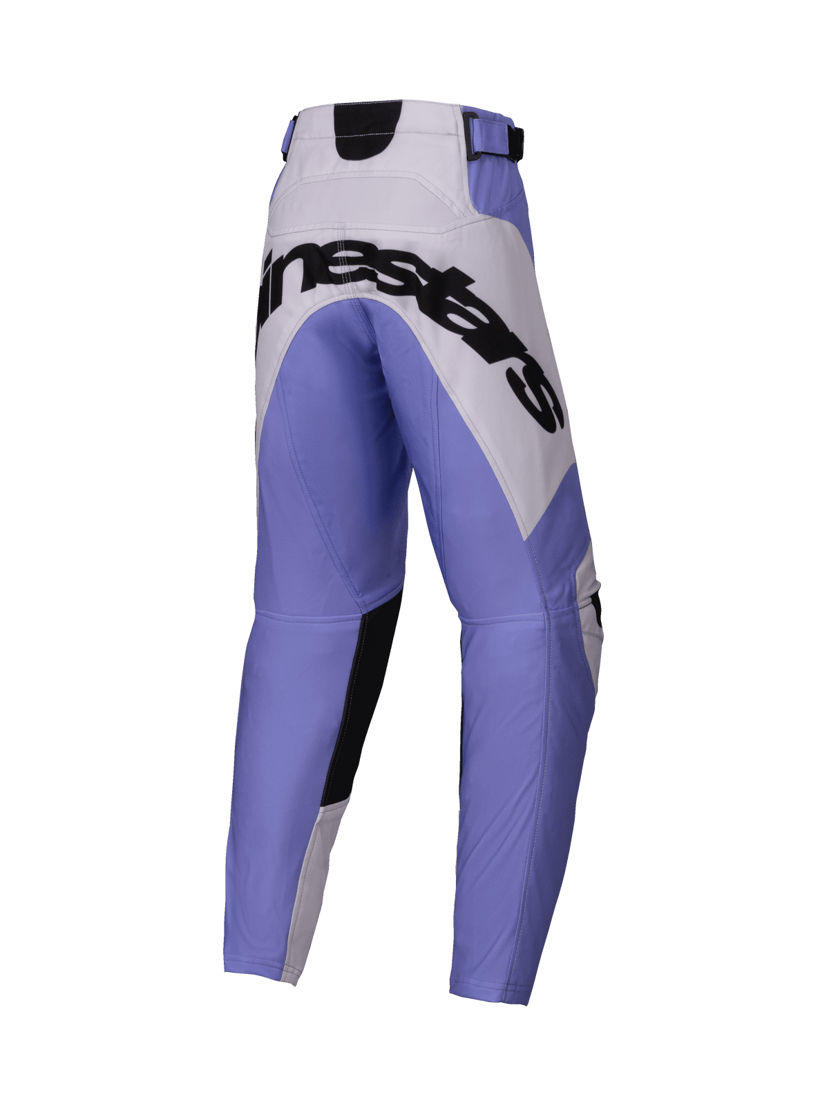 Alpinestars Youth Racer Veil Pants 2025, spodnie motocrossowe młodzieżowe, fioletowe z białymi i czarnymi sekcjami, duże czarne logo Alpinestars na siedzeniu, sportowy design, wzmocnione panele, wytrzymały materiał do jazdy terenowej