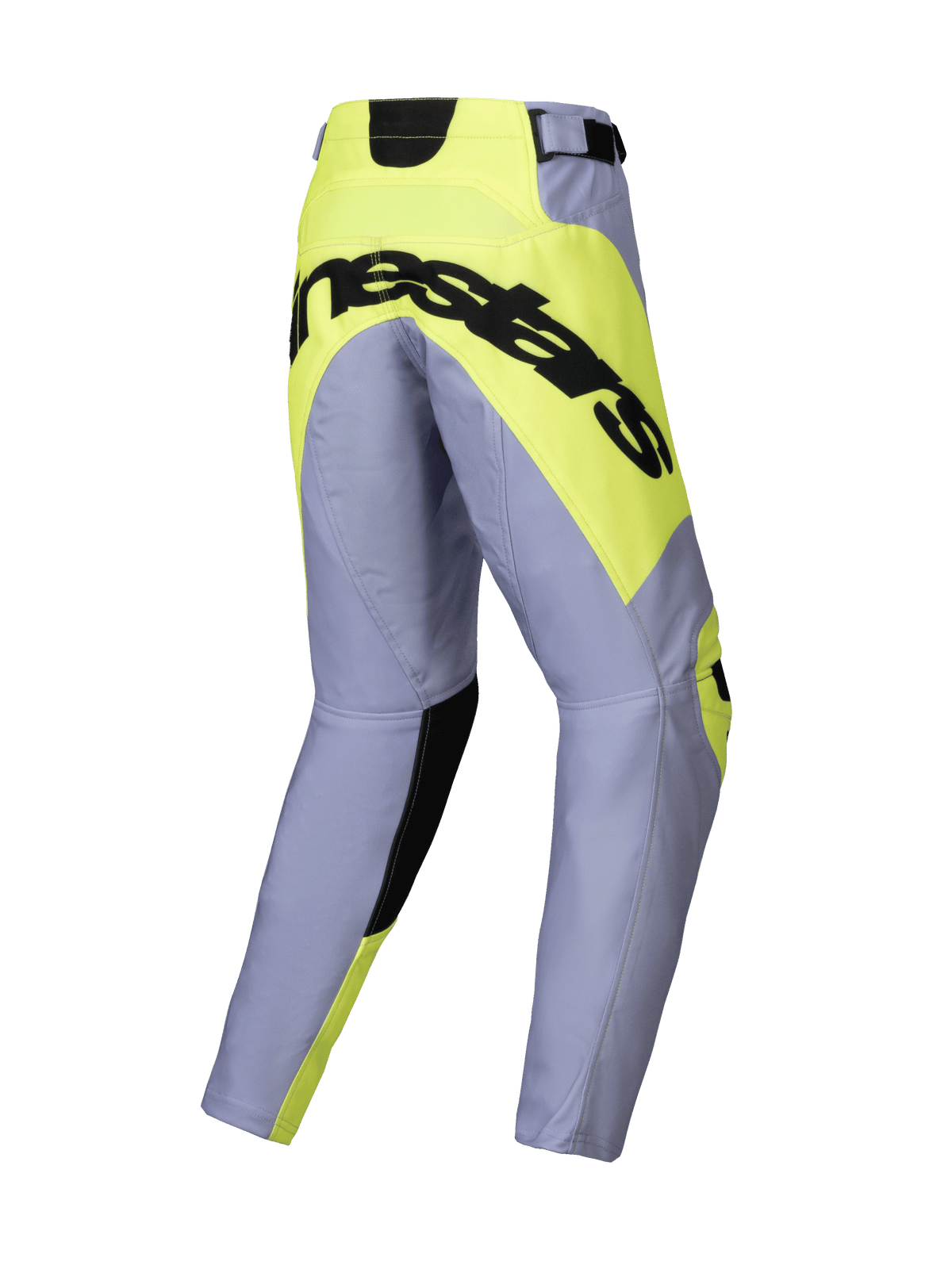 Alpinestars Youth Racer Veil Pants 2025, młodzieżowe spodnie motocrossowe, szare i neonowo-żółte, widok z tyłu z wyraźnym czarnym logo Alpinestars na neonowożółtym panelu siedzenia, wstępnie zakrzywiona konstrukcja nogawek do jazdy terenowej.