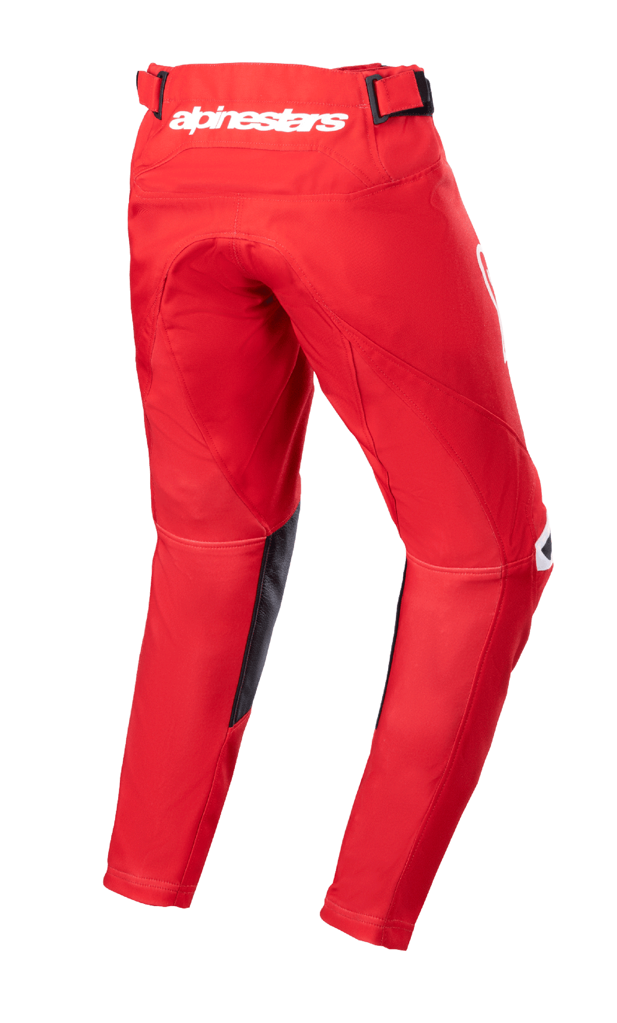 Alpinestars Youth 2023 Racer Narin Pants, spodnie motocrossowe, czerwone (Mars Red) i białe, widok z tyłu ukazujący białe logo Alpinestars na pasie, czarne skórzane panele wewnętrzne, ergonomiczna, wstępnie zakrzywiona konstrukcja do jazdy terenowej