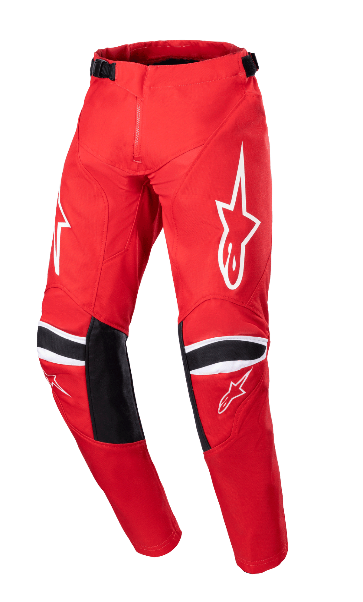 Alpinestars 2023 Youth Racer Narin Pants, spodnie motocrossowe młodzieżowe, czerwone i białe, białe logo gwiazdy na udach, czarne panele wzmacniające na kolanach z białymi pasami, regulowane paski w talii, wytrzymała konstrukcja off-road