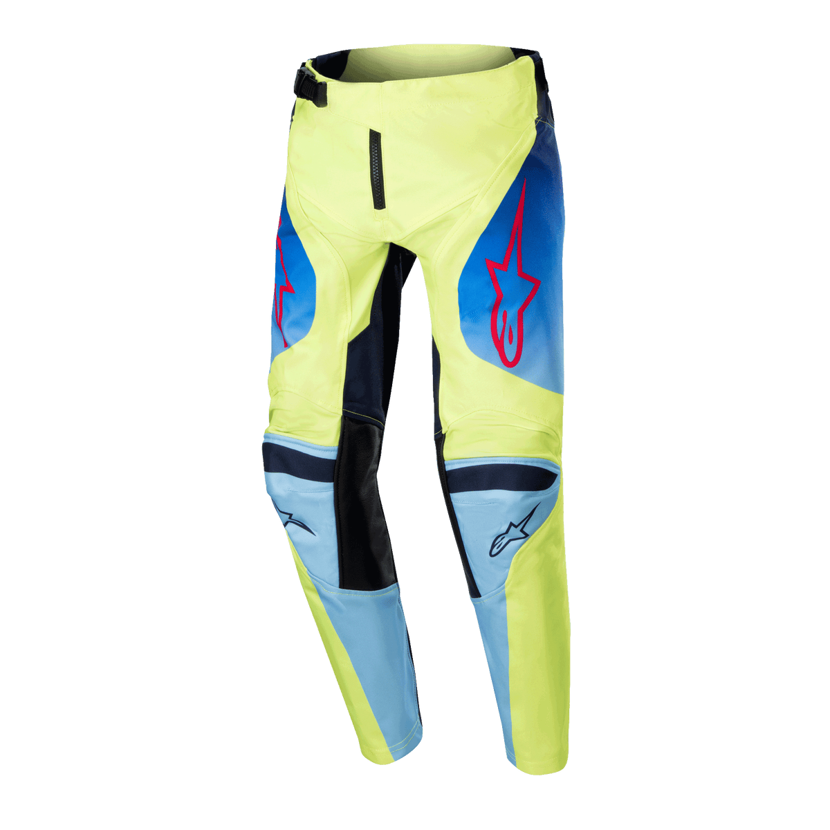 Alpinestars Youth Racer Hoen Pants 2024, spodnie motocrossowe młodzieżowe, żółte fluo i granatowe, czerwone logo gwiazdy Alpinestars, granatowe panele i czarne wzmocnienia na kolanach, sportowy design do jazdy terenowej