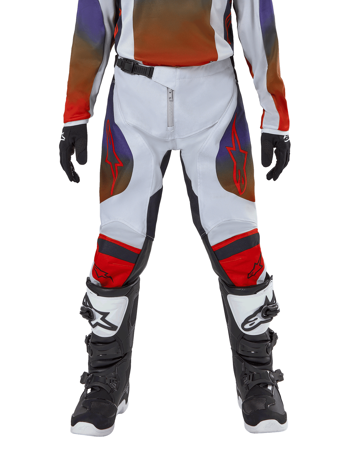 Alpinestars Youth 2024 Racer Hoen Pants, Motocross Pants, Light Gray Hot Orange Black, worn with matching jersey and black and white motocross boots, featuring red Alpinestars logos on thighs and knees, sporty design for off-road racing