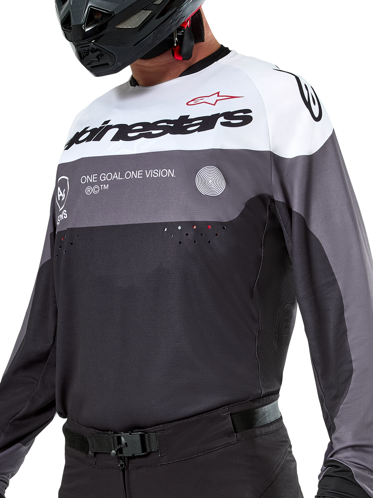 Koszulka Alpinestars Pro-Dura, koszulka motocrossowa i enduro, czarna, szara i biała, techniczna odzież off-road z laserowo wycinanymi perforacjami i oddychającą konstrukcją poliestrową.