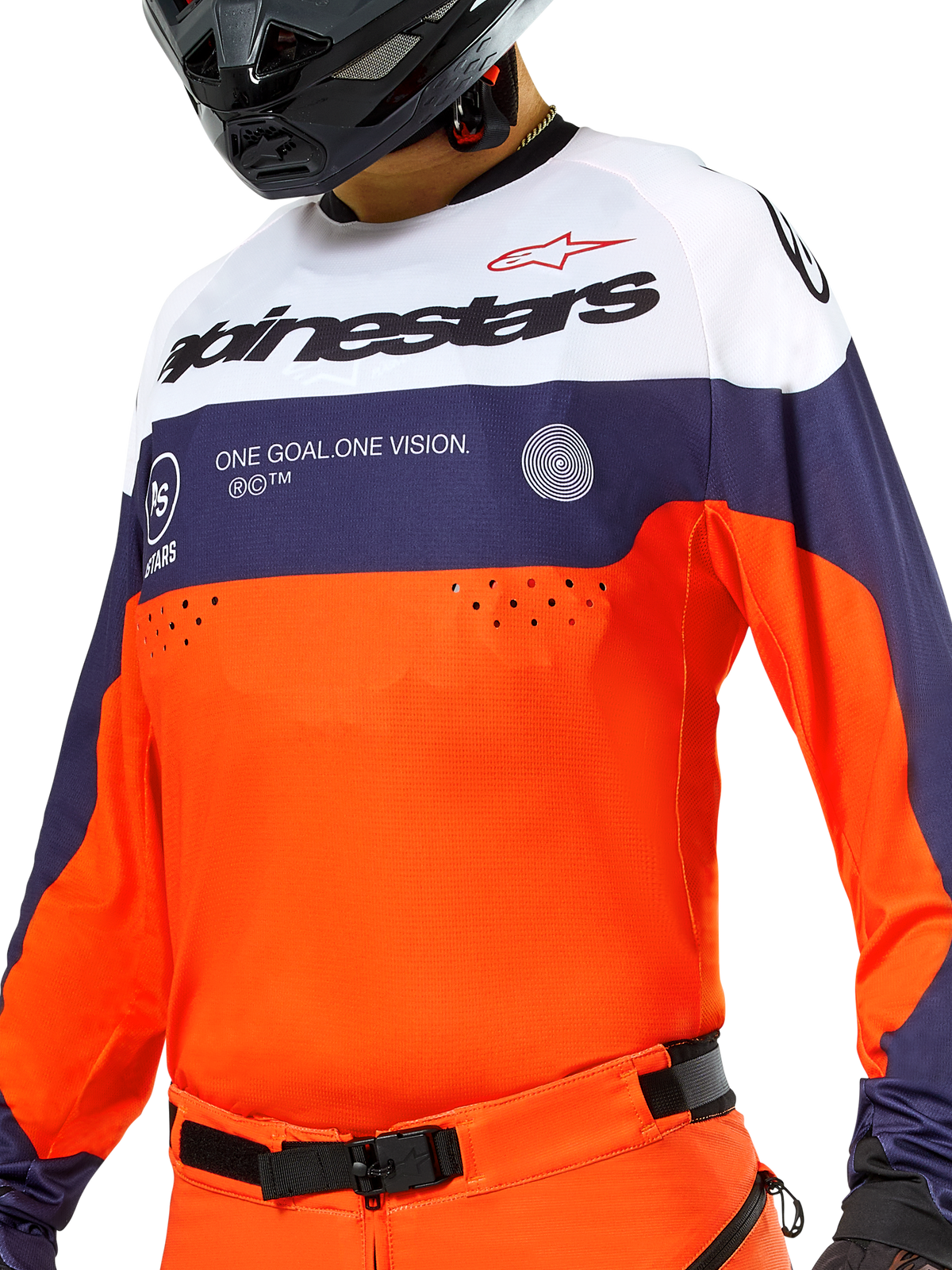 Alpinestars Pro-Dura Jersey, koszulka motocrossowa i enduro, granatowa, jaskrawopomarańczowa i biała, lekka tkanina o oddychającej konstrukcji, długie rękawy z elastycznymi mankietami, sportowy design off-road
