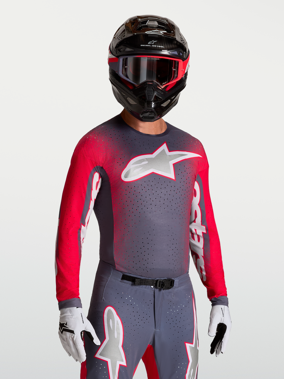 Koszulka Alpinestars Supertech Hiten AFD, męska koszulka motocrossowa, szary i czerwony fluo, oddychająca siatka i perforacje.