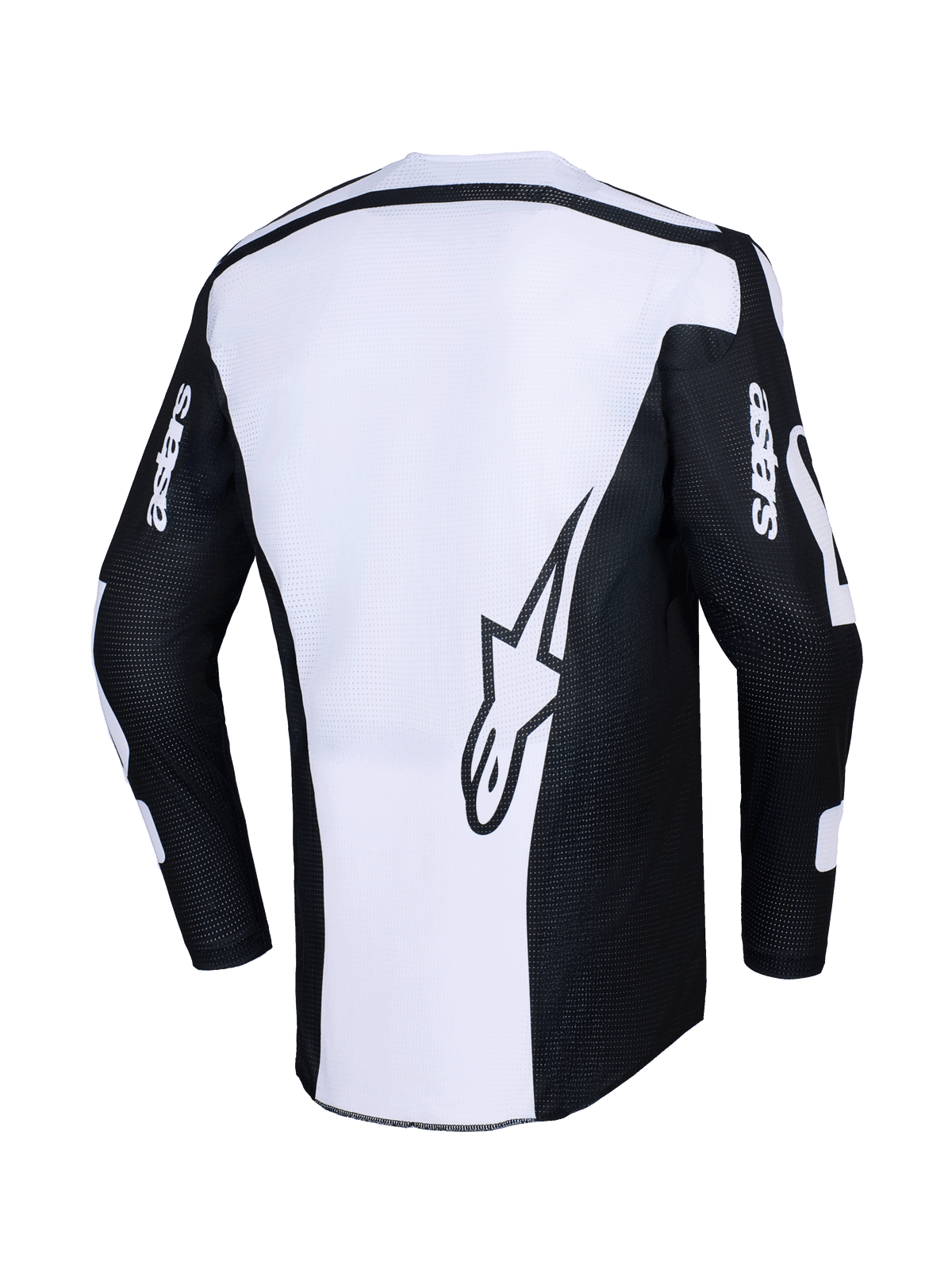 Alpinestars 2026 Racer Air Riway Jersey, koszulka motocrossowa, czarno-biała, widok z tyłu z dużym logo gwiazdy na białym panelu, czarne rękawy z brandingiem „astars”, perforowany materiał siatkowy zapewniający przepływ powietrza, techniczna odzież off-road