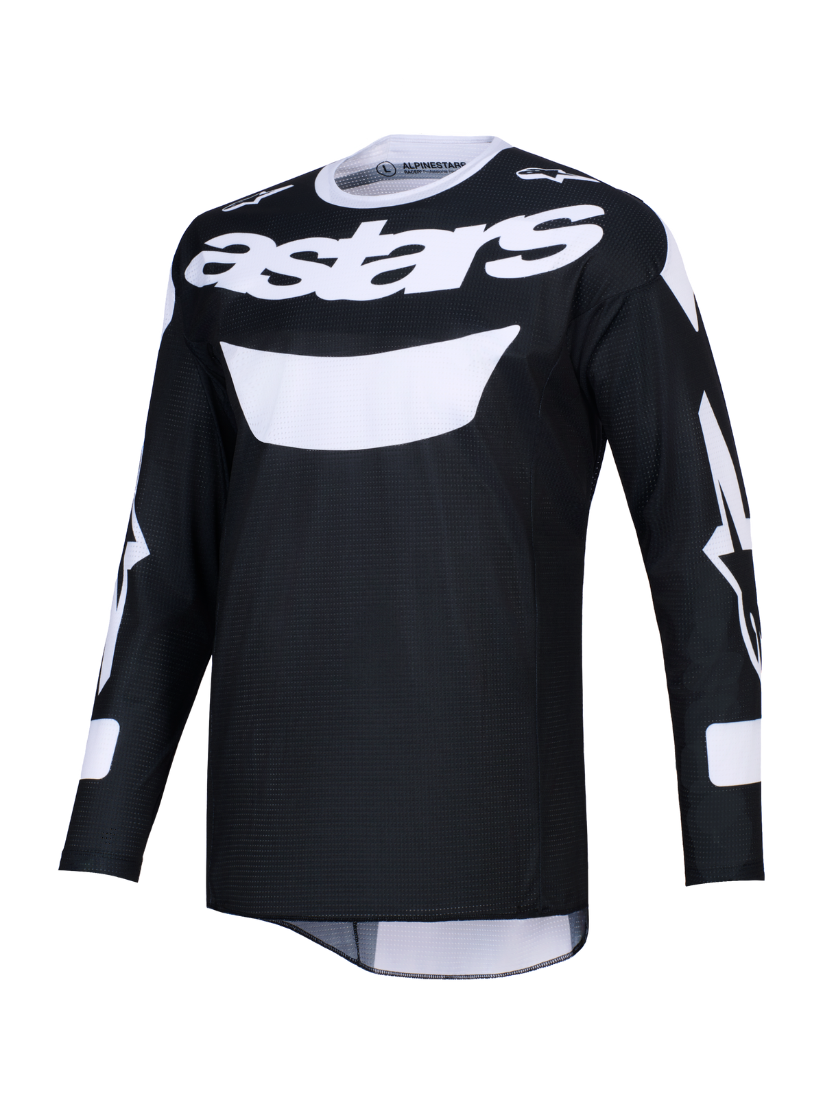 Alpinestars Racer Air Riway Jersey 2026, czarno-biała koszulka motocrossowa, z wyraźnym białym logo astars na klatce piersiowej, lekki materiał siateczkowy zapewniający wysoki przepływ powietrza, długie rękawy i sportowy krój do jazdy terenowej