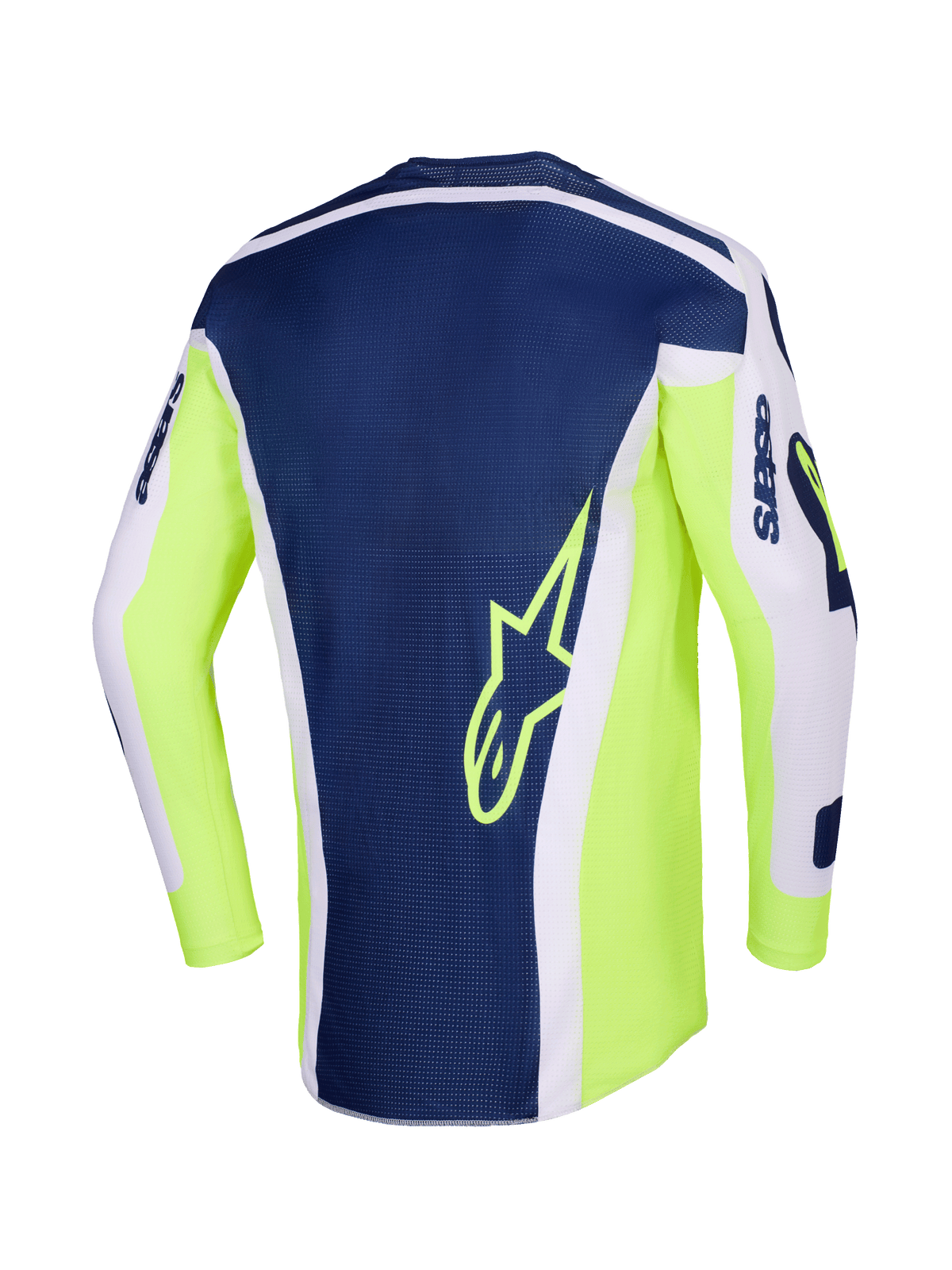 Alpinestars 2026 Racer Air Riway Jersey, koszulka motocrossowa, jasnoszary, żółty fluo i niebieski, widok z tyłu z granatowym panelem środkowym i żółtym logo gwiazdy, jaskrawożółte boki fluo i jasnoszare rękawy dla wydajności off-road.