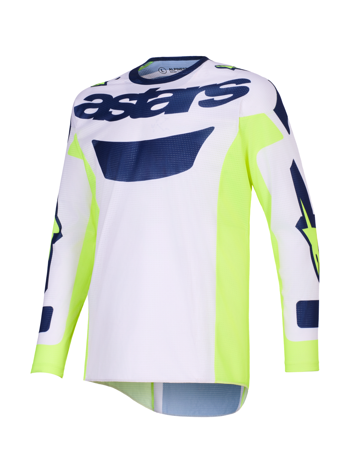 Alpinestars 2026 Racer Air Riway Jersey, koszulka motocrossowa, jasnoszara z neonowożółtymi i niebieskimi akcentami, branding „astars” na klatce piersiowej, neonowożółte panele boczne, oddychająca konstrukcja z siateczki do jazdy off-road