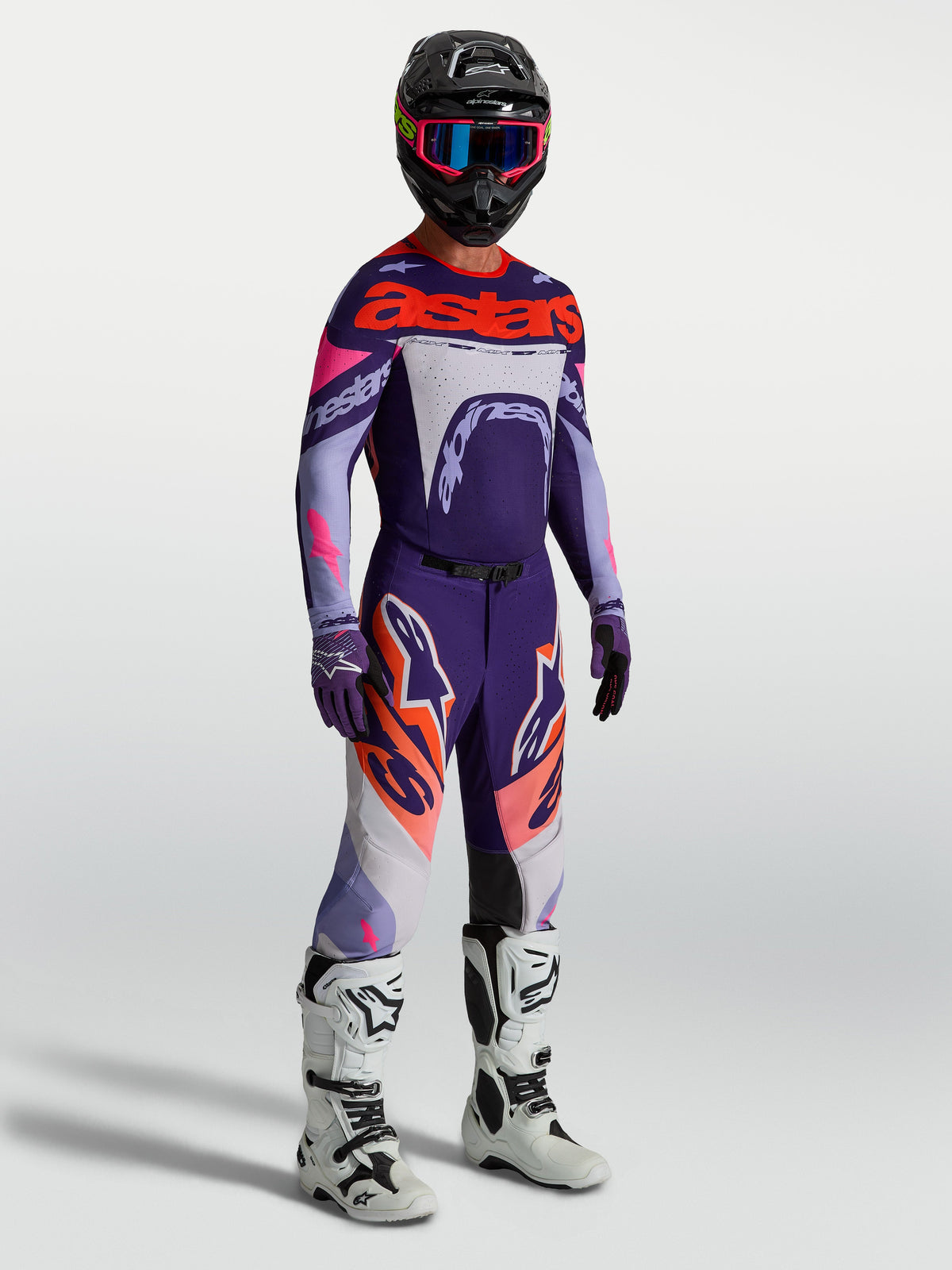 Alpinestars Supertech Dyna Gear Set, męski wyścigowy zestaw motocrossowy, fioletowy i różowy fluo, siatka o sportowym kroju.