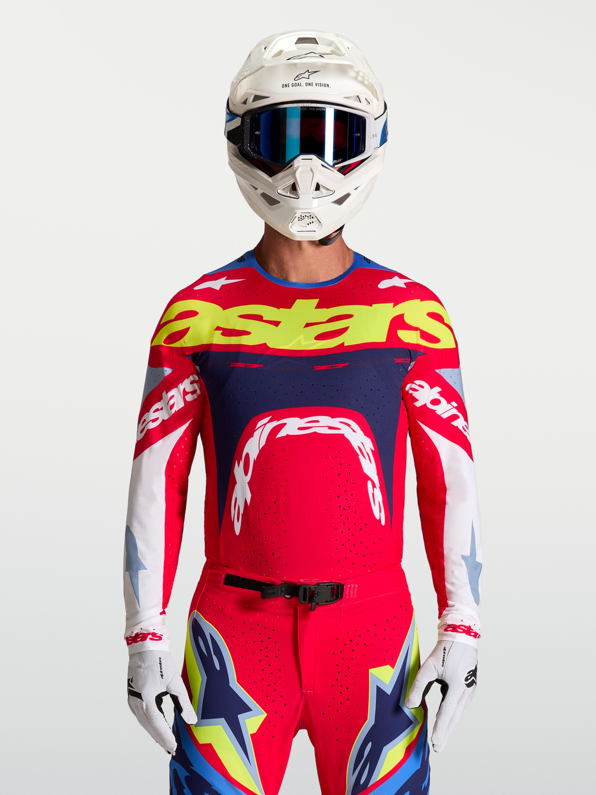 Alpinestars Supertech Dyna, męska koszulka motocrossowa, czerwona i granatowa, oddychająca elastyczna siatka.