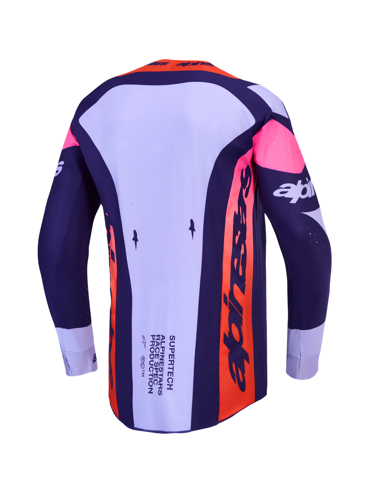 Alpinestars Supertech Dyna, męska koszulka motocrossowa, jasnofioletowa i ciemnofioletowa, wentylowana siatka, widok z tyłu.