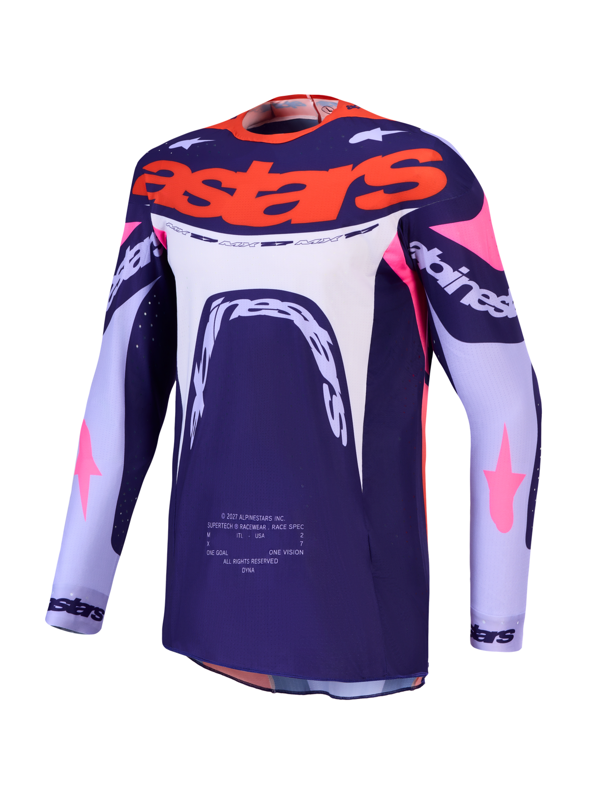 Alpinestars Supertech Dyna, fioletowa i różowa fluo koszulka motocrossowa z wentylowanej siatki, sportowy krój.