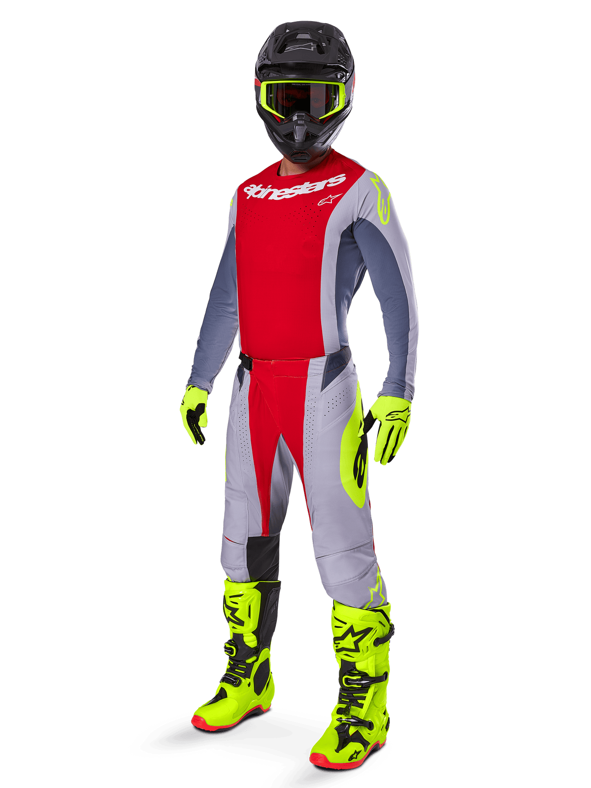 Motocross rider wearing Alpinestars 2025 Techstar Melt Jersey in Bright Red and Gray, featuring a red chest and gray sleeves with fluorescent yellow accents. Paired with matching pants, bright yellow racing boots and gloves, and a black helmet with yellow-framed goggles for a complete off-road racing kit.