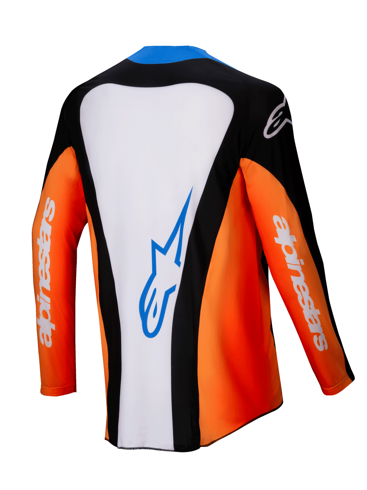 Alpinestars Techstar Melt Jersey 2025, koszulka motocrossowa, widok z tyłu, pomarańczowa, biała i czarna z niebieskimi akcentami, biały panel środkowy z niebieskim logo, pomarańczowe rękawy z białym brandingiem, wysokiej klasy odzież wyścigowa off-road