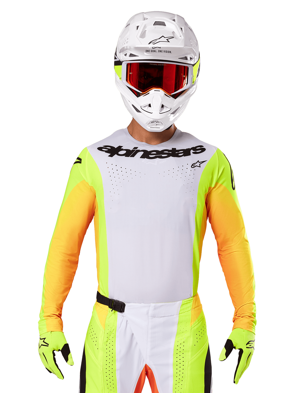 Alpinestars 2025 Techstar Melt Jersey, odzież do wyścigów motocrossowych, biały przód z neonowo-żółtymi i pomarańczowymi rękawami, zawodnik w białym kasku i czerwonych goglach, neonowo-żółte rękawice z czarnym logo, wyrazista kolorystyka dla wydajności off-road