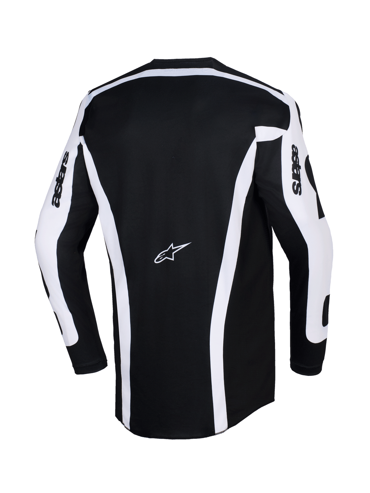 Alpinestars 2026 Racer Riway Jersey, koszulka motocrossowa, biało-czarna, widok z tyłu przedstawiający czarny korpus z białymi pionowymi pasami i panelami na rękawach, logo Astars na środku pleców, napis „astars” na rękawach, przedłużony tył dla lepszej osłony podczas jazdy terenowej