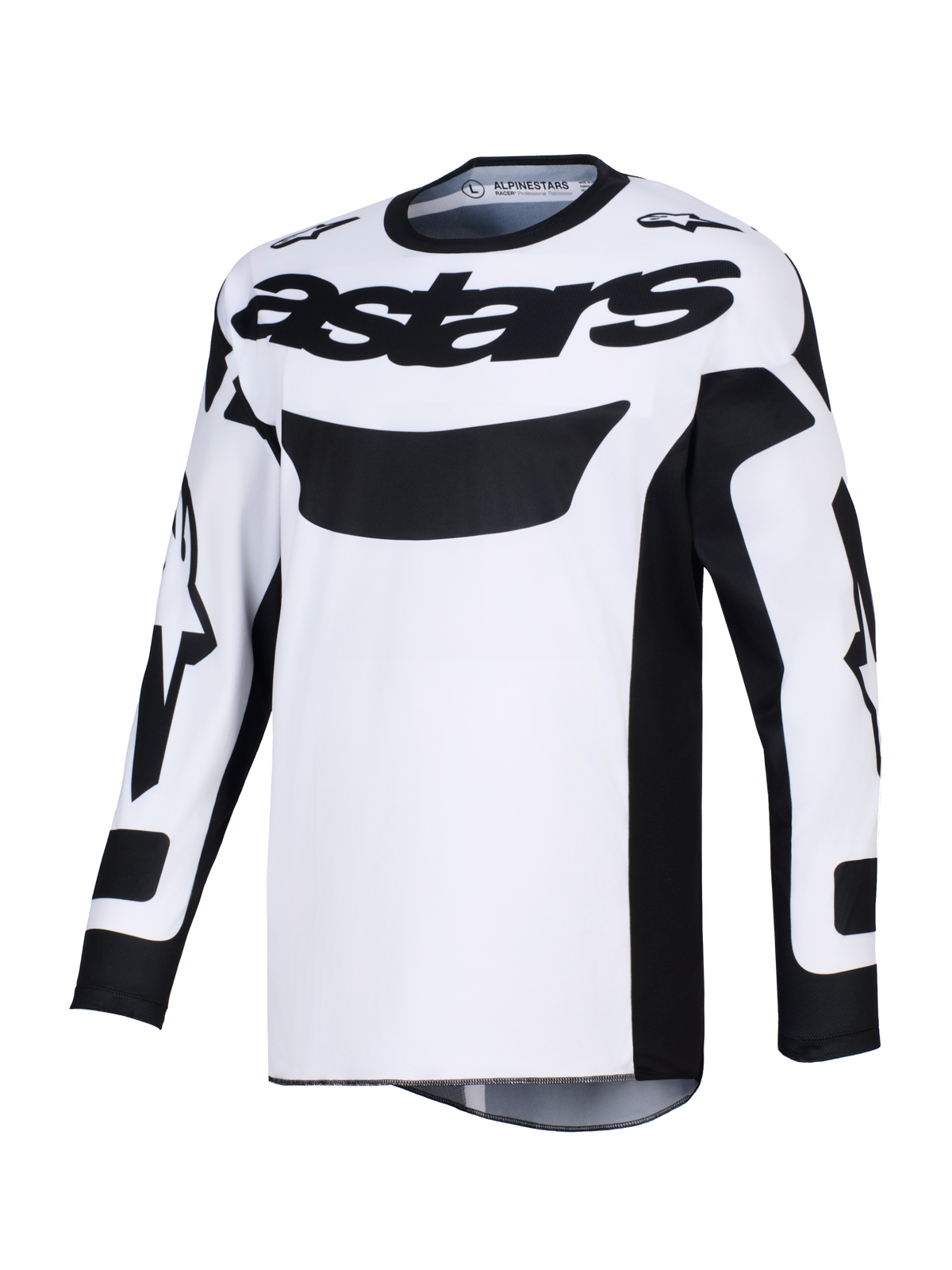 Alpinestars 2026 Racer Riway Jersey, koszulka motocrossowa, biało-czarna z wyraźnym czarnym logo „astars” na klatce piersiowej, odprowadzający wilgoć materiał poliestrowy, ergonomiczny krój wyścigowy