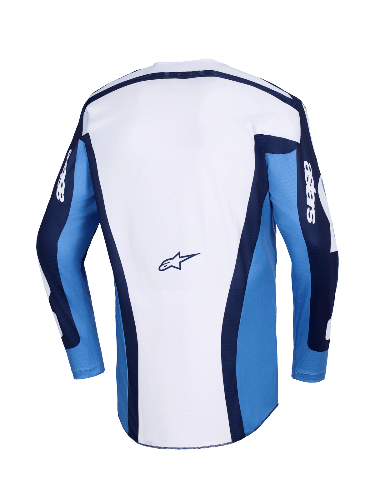 Alpinestars 2026 Racer Riway Jersey, koszulka motocrossowa, niebieska i biała (UCLA Blue), widok z tyłu z białym panelem głównym, niebieskimi rękawami i granatowymi akcentami, małe logo Alpinestars na dole pleców, sportowy krój do wyścigów terenowych