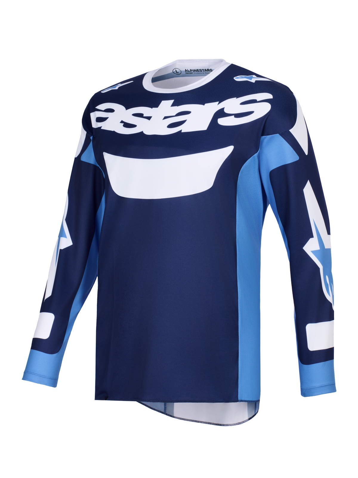 Alpinestars 2026 Racer Riway Jersey, koszulka motocrossowa, niebiesko-biała (Ucla Blue), z wyraźnym białym logo „astars” na piersi, długi rękaw z logo na rękawach, lekka tkanina poliestrowa i konstrukcja odprowadzająca wilgoć do jazdy terenowej
